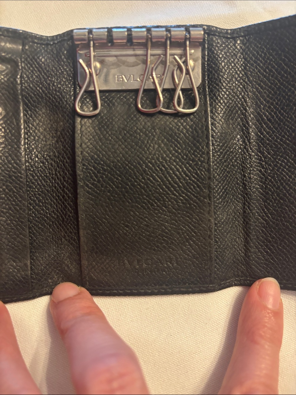 Bulgari Black Leather Key & Card Holder with Silver Tone Logo Button - Picture 10 of 16